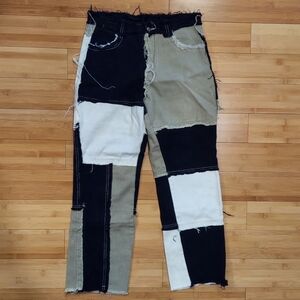 Distressed Patchwork Pants in Black, White, and Tan Women's Size Medium